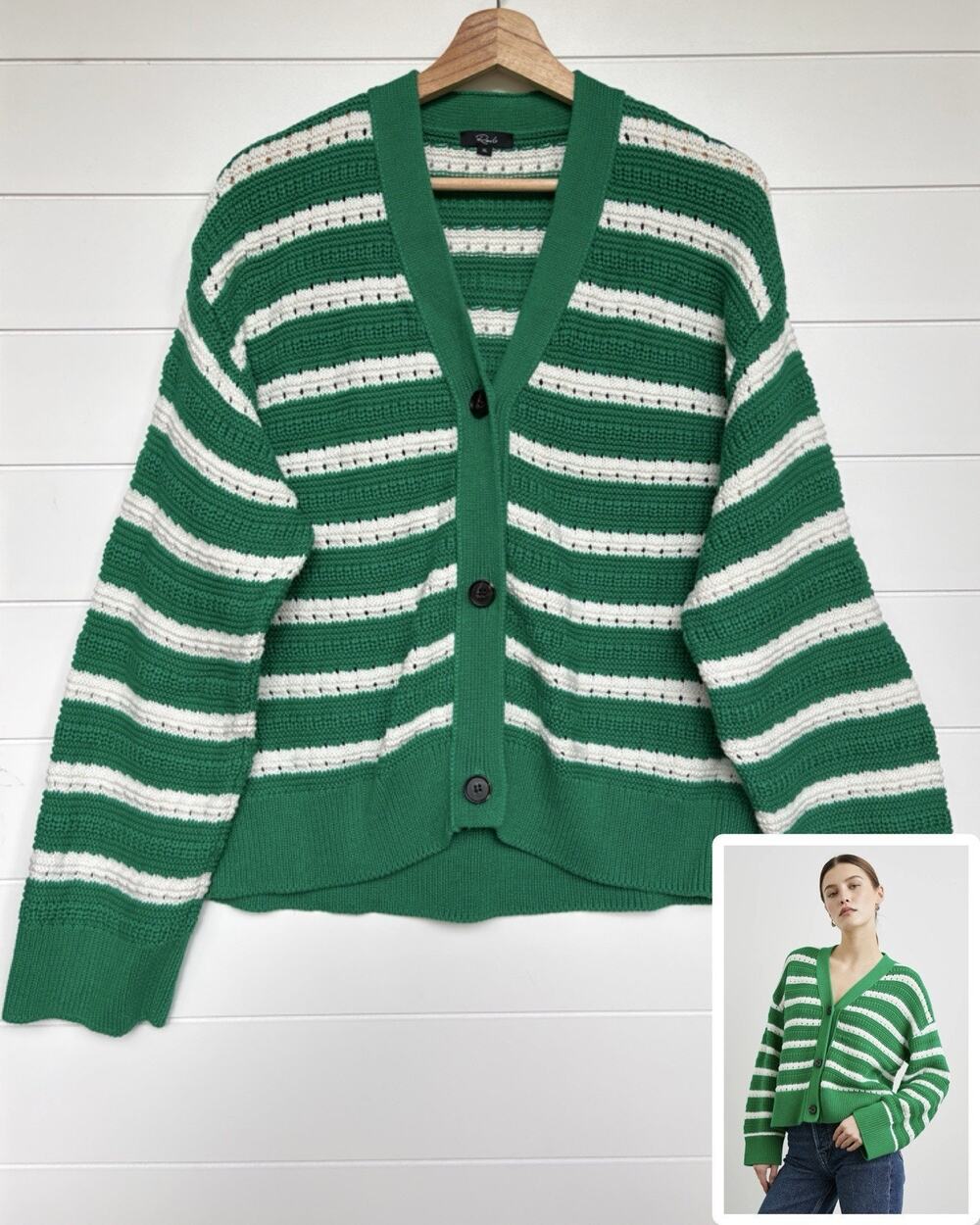 Rails Geneva Kelly Green Striped Cardigan Sweater XL Relaxed 100% Cotton V-Neck
